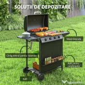 Outsunny Grătar pe Gaz cu Capac, Termometru, Măsuță Laterală și Tavă pentru Colectarea Grăsimii, 121x54x97 cm, Negru | Aosom Romania 