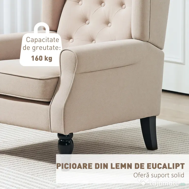 HOMCOM Scaun Decorativ Capitonat cu Spatar Inalt, Cotiere Rotunjite Captusite și Sezut cu Captuseala Groasa, Albastru | Aosom Romania