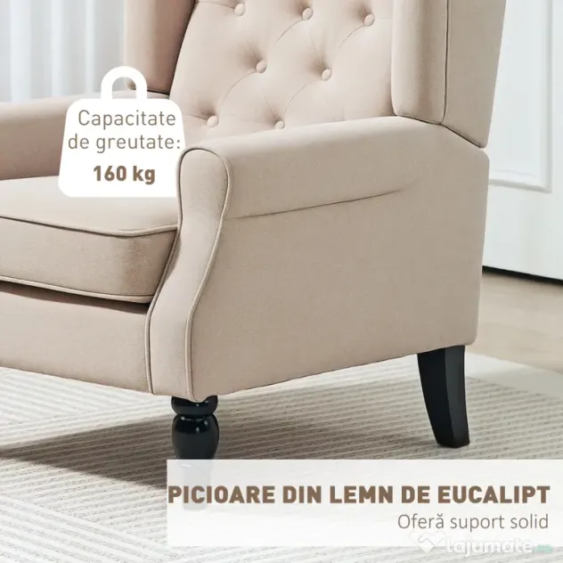 HOMCOM Scaun Decorativ Capitonat cu Spatar Inalt, Cotiere Rotunjite Captusite și Sezut cu Captuseala Groasa, Albastru | Aosom Romania