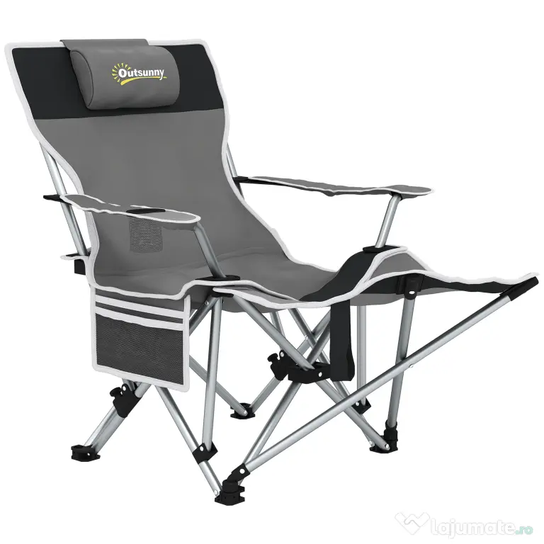 Outsunny Scaun de Camping Pliabil și Rabatabil cu Suport pentru Picioare Detașabil și Tetieră, 82x50/100x88 cm, Negru | Aosom Romania