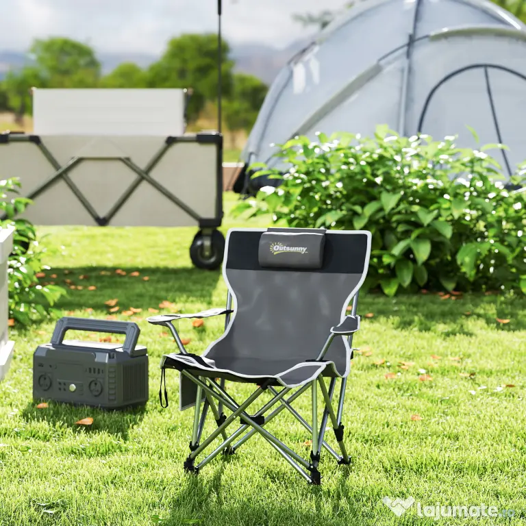 Outsunny Scaun de Camping Pliabil și Rabatabil cu Suport pentru Picioare Detașabil și Tetieră, 82x50/100x88 cm, Negru | Aosom Romania