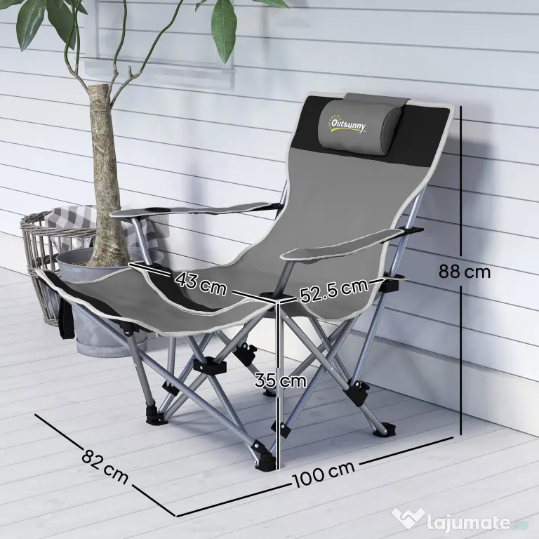 Outsunny Scaun de Camping Pliabil și Rabatabil cu Suport pentru Picioare Detașabil și Tetieră, 82x50/100x88 cm, Negru | Aosom Romania