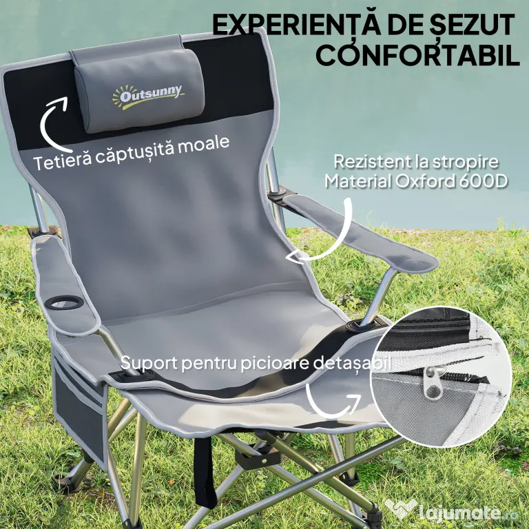 Outsunny Scaun de Camping Pliabil și Rabatabil cu Suport pentru Picioare Detașabil și Tetieră, 82x50/100x88 cm, Negru | Aosom Romania