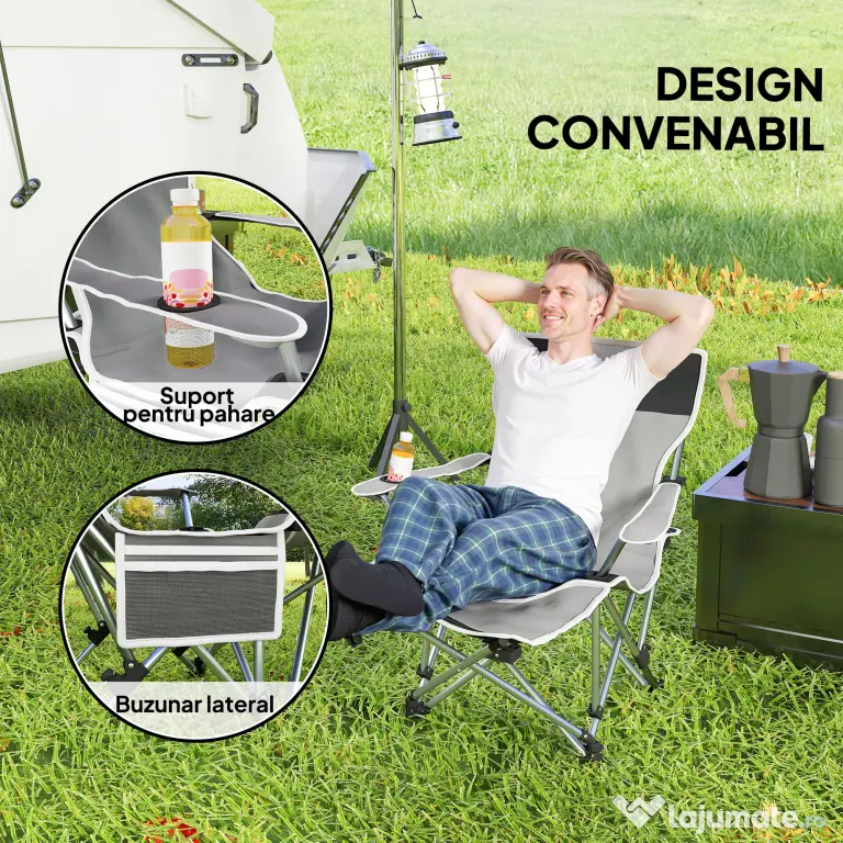 Outsunny Scaun de Camping Pliabil și Rabatabil cu Suport pentru Picioare Detașabil și Tetieră, 82x50/100x88 cm, Negru | Aosom Romania