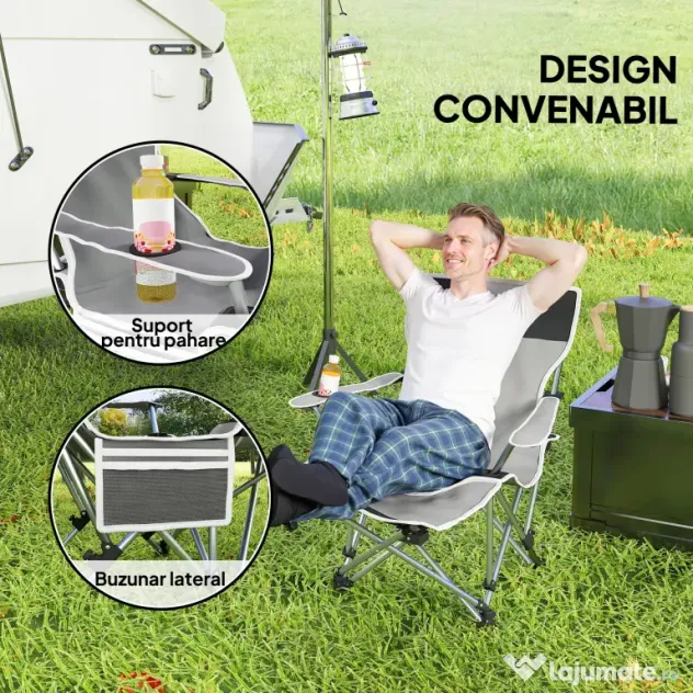 Outsunny Scaun de Camping Pliabil și Rabatabil cu Suport pentru Picioare Detașabil și Tetieră, 82x50/100x88 cm, Negru | Aosom Romania