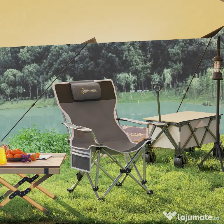 Outsunny Scaun de Camping Pliabil și Rabatabil cu Suport pentru Picioare Detașabil și Tetieră, 82x50/100x88 cm, Negru | Aosom Romania