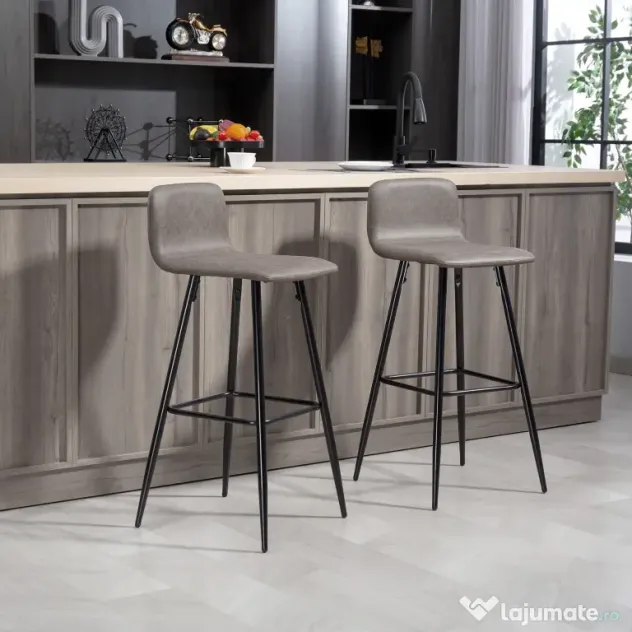 HOMCOM Set 2 Scaune de Bar cu Spătar și Suport pentru Picioare din PU și Oțel Maro | Aosom Romania
