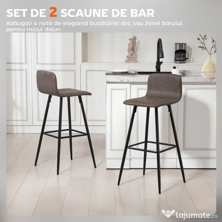 HOMCOM Set 2 Scaune de Bar cu Spătar și Suport pentru Picioare din PU și Oțel Maro | Aosom Romania
