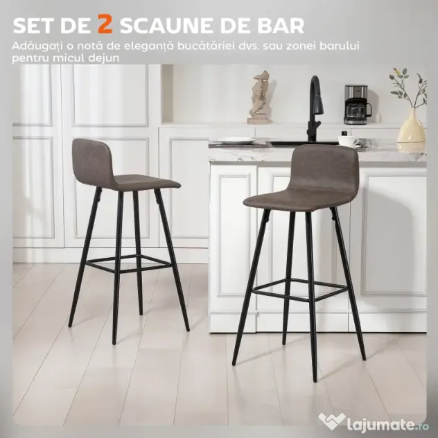 HOMCOM Set 2 Scaune de Bar cu Spătar și Suport pentru Picioare din PU și Oțel Maro | Aosom Romania