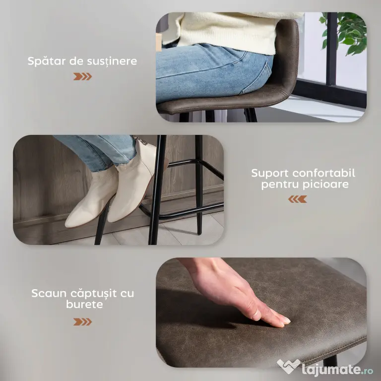 HOMCOM Set 2 Scaune de Bar cu Spătar și Suport pentru Picioare din PU și Oțel Maro | Aosom Romania