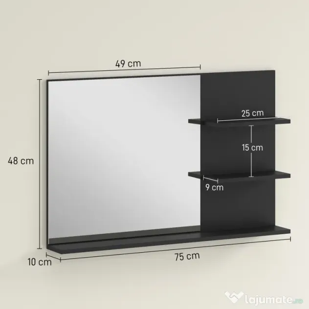 kleankin Oglindă de Baie cu 2 Rafturi Laterale și Raft Inferior Negru | Aosom Romania