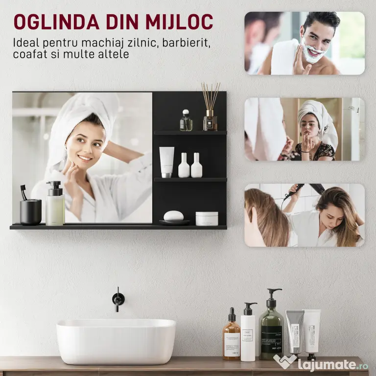 kleankin Oglindă de Baie cu 2 Rafturi Laterale și Raft Inferior Negru | Aosom Romania