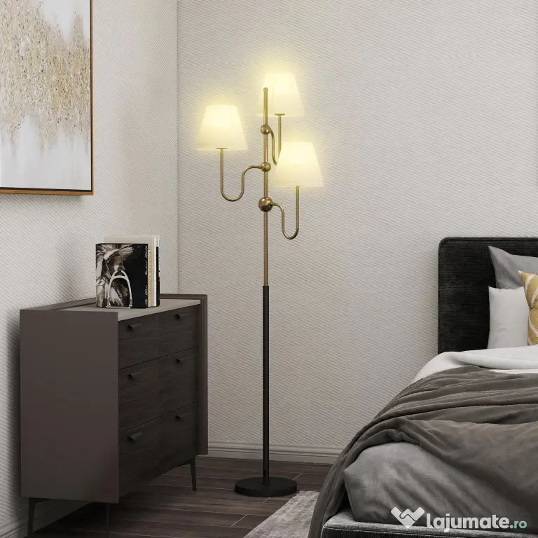 HOMCOM Lampadar de Podea cu 3 Puncte de Lumină și Întrerupător cu Pedală, Soclu E27, Auriu | Aosom Romania