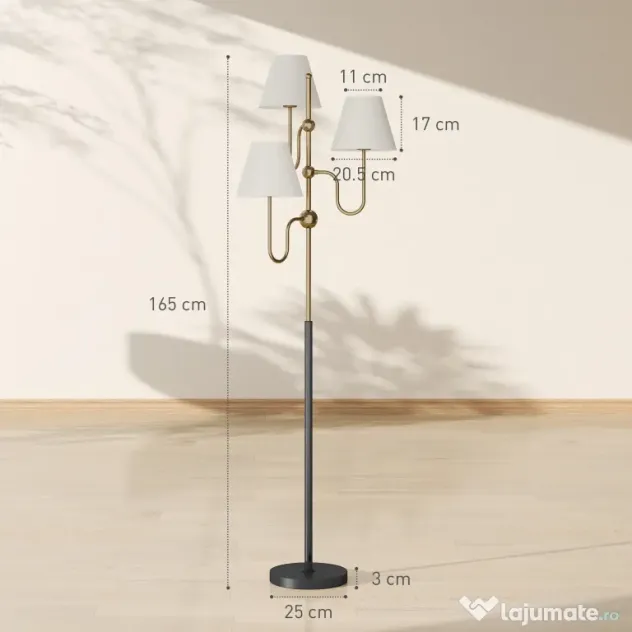 HOMCOM Lampadar de Podea cu 3 Puncte de Lumină și Întrerupător cu Pedală, Soclu E27, Auriu | Aosom Romania