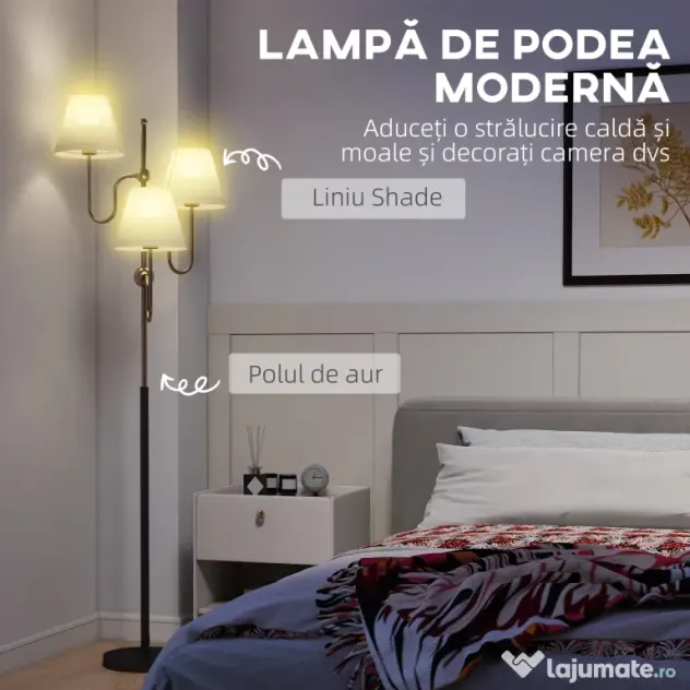 HOMCOM Lampadar de Podea cu 3 Puncte de Lumină și Întrerupător cu Pedală, Soclu E27, Auriu | Aosom Romania
