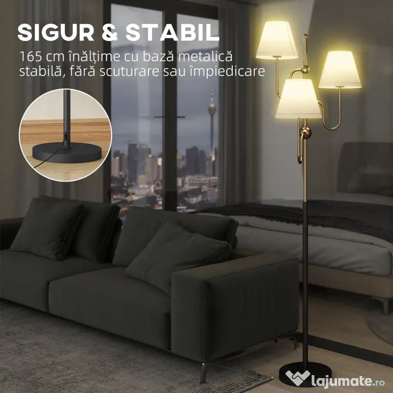 HOMCOM Lampadar de Podea cu 3 Puncte de Lumină și Întrerupător cu Pedală, Soclu E27, Auriu | Aosom Romania