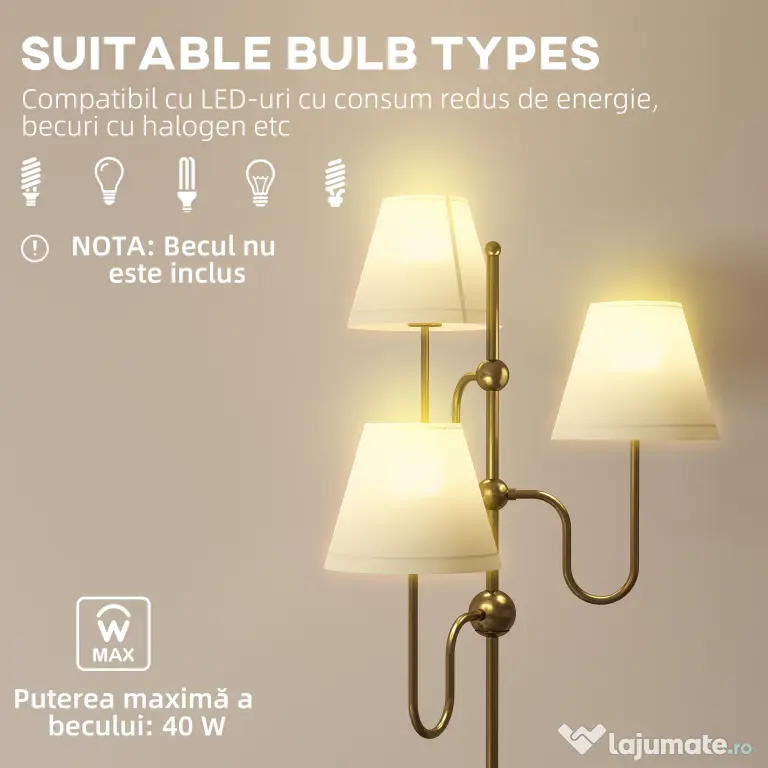HOMCOM Lampadar de Podea cu 3 Puncte de Lumină și Întrerupător cu Pedală, Soclu E27, Auriu | Aosom Romania