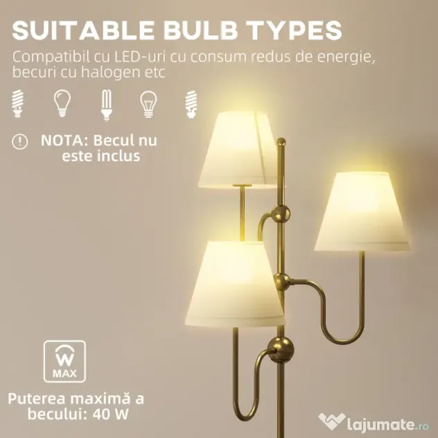 HOMCOM Lampadar de Podea cu 3 Puncte de Lumină și Întrerupător cu Pedală, Soclu E27, Auriu | Aosom Romania