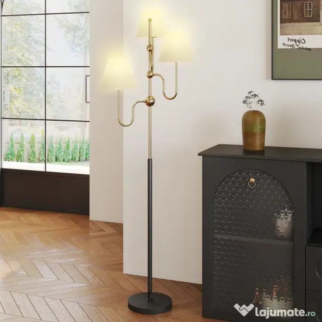 HOMCOM Lampadar de Podea cu 3 Puncte de Lumină și Întrerupător cu Pedală, Soclu E27, Auriu | Aosom Romania