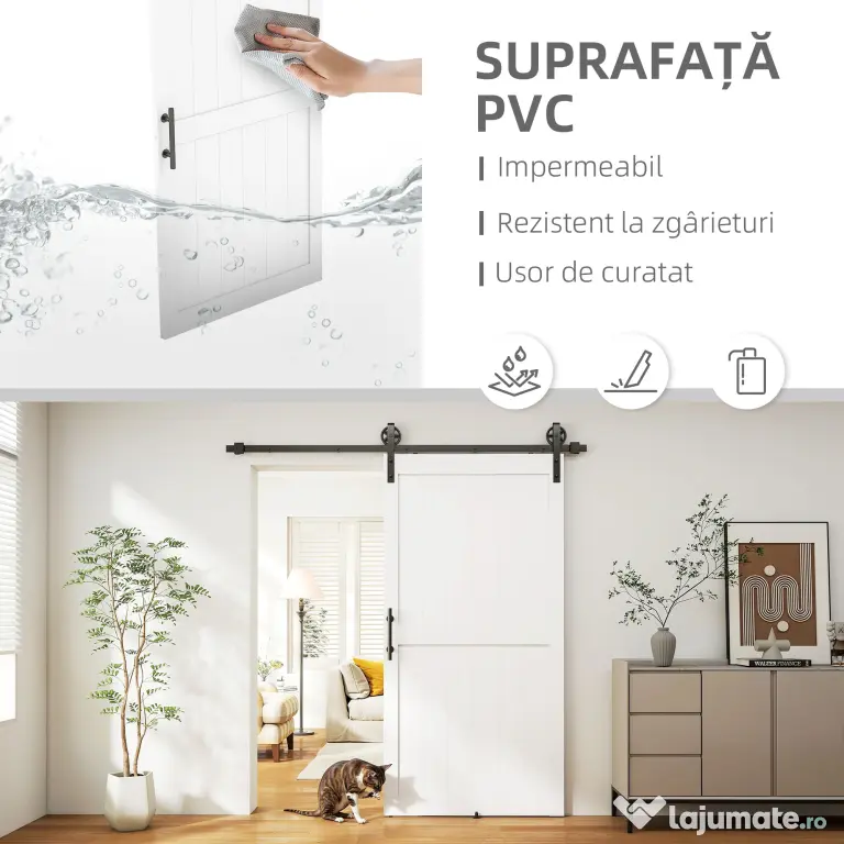 HOMCOM Ușă Glisantă în Stil Rustic cu Șină și Mâner din Lemn și Oțel, 106,6x213,4 cm, Alb și Negru