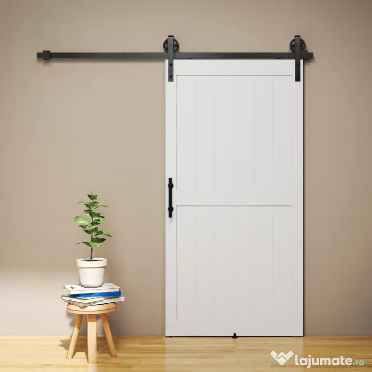 HOMCOM Ușă Glisantă în Stil Rustic cu Șină și Mâner din Lemn și Oțel, 106,6x213,4 cm, Alb și Negru