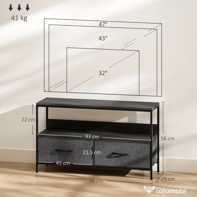 HOMCOM Mobilier pentru Televizor de 47" cu Sertare Pliabile din Material Textil și Raft, 98x29x56 cm, Lemn Natural | Aosom Romania
