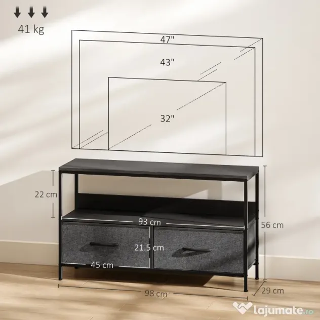 HOMCOM Mobilier pentru Televizor de 47" cu Sertare Pliabile din Material Textil și Raft, 98x29x56 cm, Lemn Natural | Aosom Romania