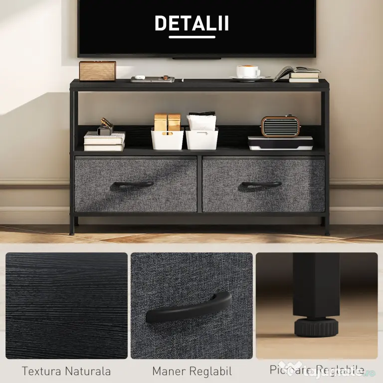 HOMCOM Mobilier pentru Televizor de 47" cu Sertare Pliabile din Material Textil și Raft, 98x29x56 cm, Lemn Natural | Aosom Romania