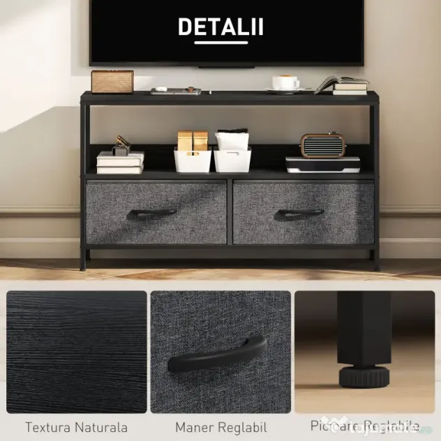 HOMCOM Mobilier pentru Televizor de 47" cu Sertare Pliabile din Material Textil și Raft, 98x29x56 cm, Lemn Natural | Aosom Romania