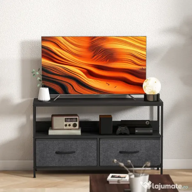 HOMCOM Mobilier pentru Televizor de 47" cu Sertare Pliabile din Material Textil și Raft, 98x29x56 cm, Lemn Natural | Aosom Romania