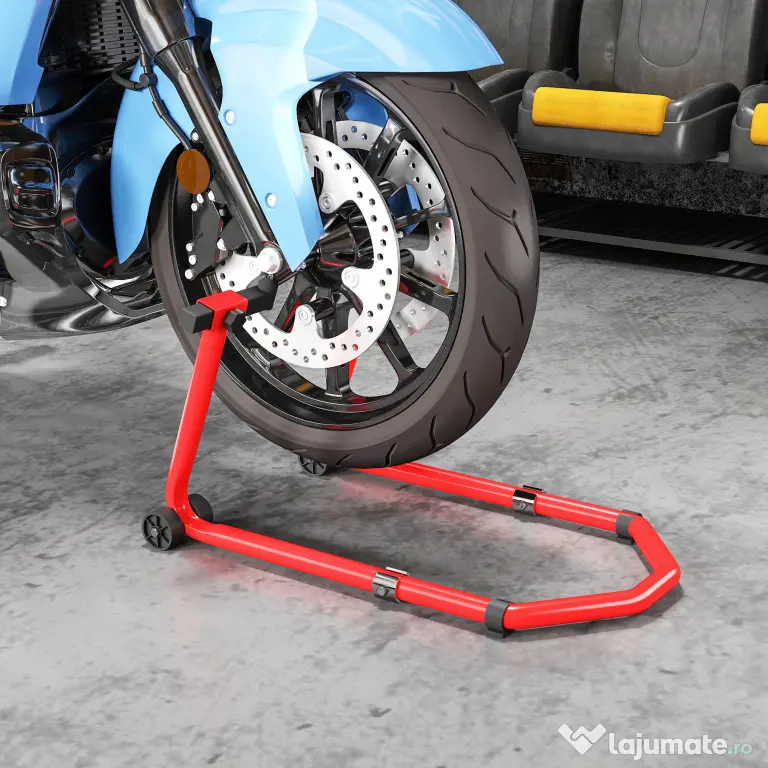 HOMCOM Stand pentru Motocicletă, Față și Spate, Capacitate 390 kg, Furci în U și L, Roți și Suporturi Antiderapante, Roșu