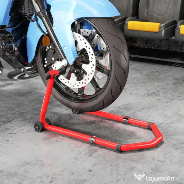 HOMCOM Stand pentru Motocicletă, Față și Spate, Capacitate 390 kg, Furci în U și L, Roți și Suporturi Antiderapante, Roșu
