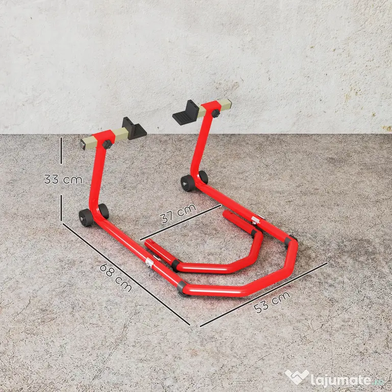 HOMCOM Stand pentru Motocicletă, Față și Spate, Capacitate 390 kg, Furci în U și L, Roți și Suporturi Antiderapante, Roșu