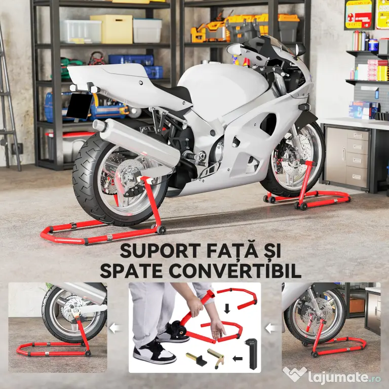 HOMCOM Stand pentru Motocicletă, Față și Spate, Capacitate 390 kg, Furci în U și L, Roți și Suporturi Antiderapante, Roșu