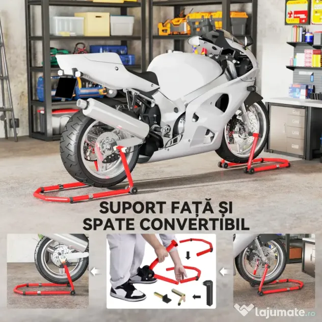 HOMCOM Stand pentru Motocicletă, Față și Spate, Capacitate 390 kg, Furci în U și L, Roți și Suporturi Antiderapante, Roșu