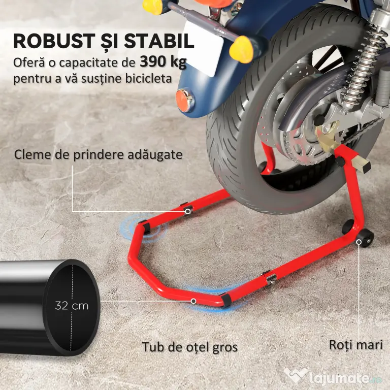 HOMCOM Stand pentru Motocicletă, Față și Spate, Capacitate 390 kg, Furci în U și L, Roți și Suporturi Antiderapante, Roșu