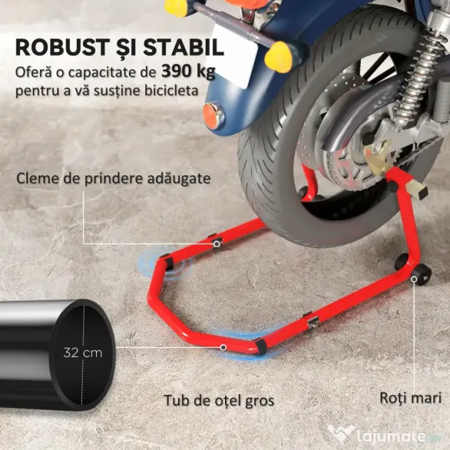 HOMCOM Stand pentru Motocicletă, Față și Spate, Capacitate 390 kg, Furci în U și L, Roți și Suporturi Antiderapante, Roșu