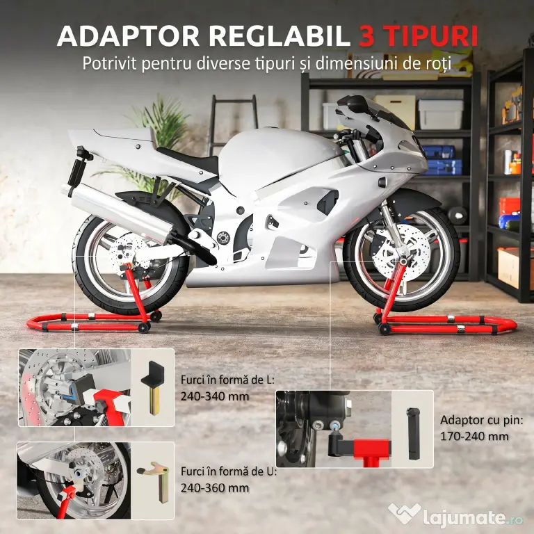 HOMCOM Stand pentru Motocicletă, Față și Spate, Capacitate 390 kg, Furci în U și L, Roți și Suporturi Antiderapante, Roșu