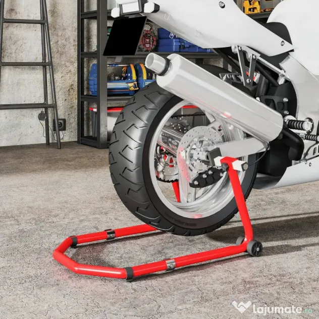 HOMCOM Stand pentru Motocicletă, Față și Spate, Capacitate 390 kg, Furci în U și L, Roți și Suporturi Antiderapante, Roșu