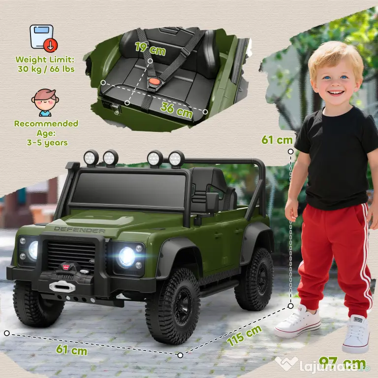 AIYAPLAY Mașină Electrică pentru Copii 3-5 Ani Land Rover 12V și Telecomandă Verde | Aosom Romania