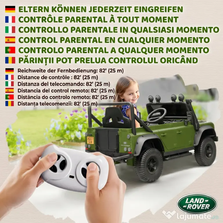 AIYAPLAY Mașină Electrică pentru Copii 3-5 Ani Land Rover 12V și Telecomandă Verde | Aosom Romania