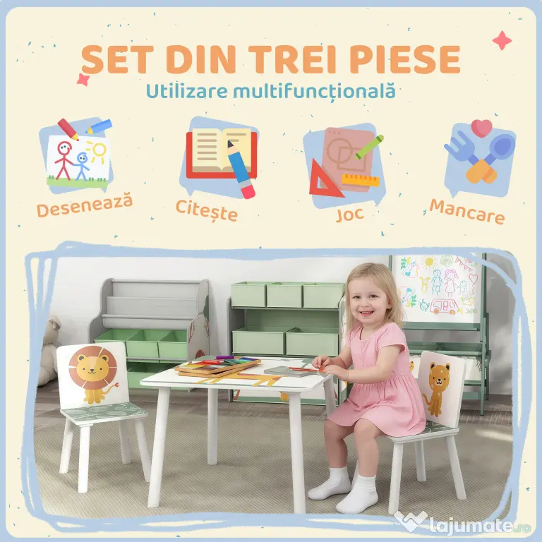 AIYAPLAY Set de Masă și Scaune pentru Copii, 3 Piese, Masă cu 2 Scaune pentru Dormitor, Grădiniță, Sală de Jocuri, Verde | Aosom Romania