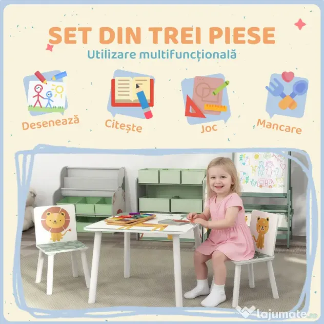 AIYAPLAY Set de Masă și Scaune pentru Copii, 3 Piese, Masă cu 2 Scaune pentru Dormitor, Grădiniță, Sală de Jocuri, Verde | Aosom Romania