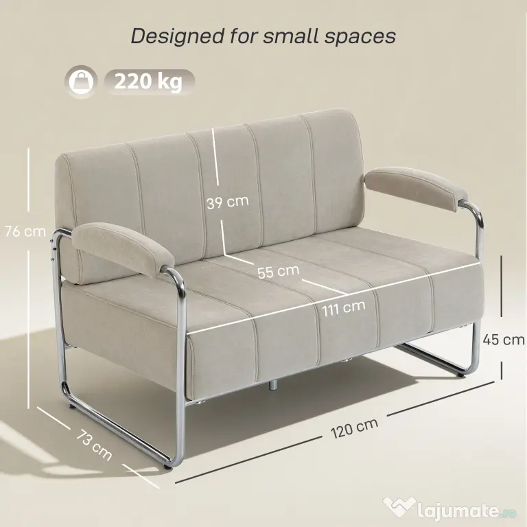 HOMCOM Canapea cu 2 Locuri Tapițată în Chenille cu Cusături Duble, Canapea Modernă cu Brațe și Picioare din Oțel, pentru Living, Birou și Dormitor, 120x73x76 cm, Bej | Aosom Romania