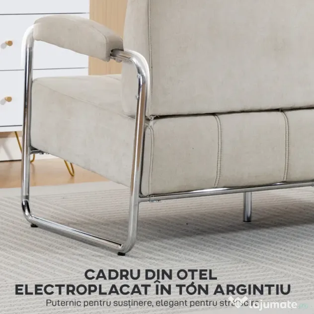 HOMCOM Canapea cu 2 Locuri Tapițată în Chenille cu Cusături Duble, Canapea Modernă cu Brațe și Picioare din Oțel, pentru Living, Birou și Dormitor, 120x73x76 cm, Bej | Aosom Romania