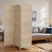 HOMCOM Paravan Interior cu 3 Panouri Pliabil, 135x180 cm, Separatoare Împletit din PP și Lemn de Pin, Stejar | Aosom Romania 