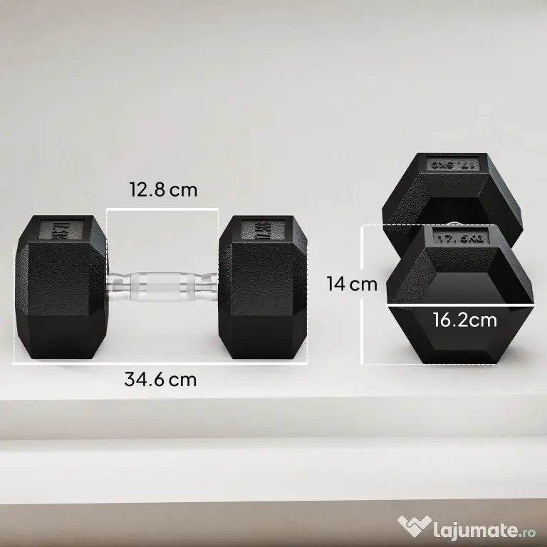 HOMCOM Set de două greutăți hexagonale, din oțel, cauciuc, 16.2 x 16.2 x 34.6 cm, Negru | Aosom Romania