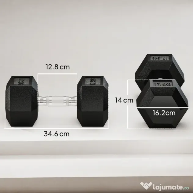 HOMCOM Set de două greutăți hexagonale, din oțel, cauciuc, 16.2 x 16.2 x 34.6 cm, Negru | Aosom Romania
