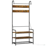 HOMCOM Cuier de Hol cu Bară, 10 Cârlige, Bancă și Suport pentru Pantofi, din Lemn și Metal, 80x40x182 cm, Maro și Negru
