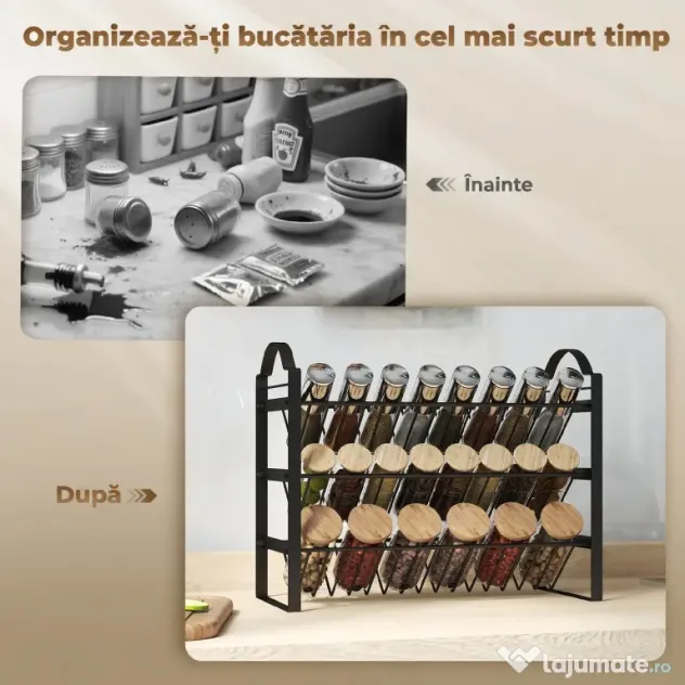 HOMCOM Suport pentru Condimente de Bucătărie cu 3 Nivele, Organizator Salvaspațiu cu Rafturi Înclinate din Metal, Montaj Ușor, Negru | Aosom Romania